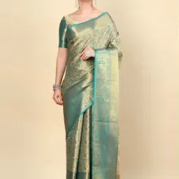 Soch Womens Teal Floral Woven Design Jacquard Weave Silk Blend Saree-image-54