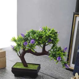 Foliyaj Purple & Green Plastic Artificial Bent Bonsai Tree With Cones-picture-44