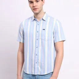 Lee Light Blue Comfort Fit Striped Cotton Shirt-image-8