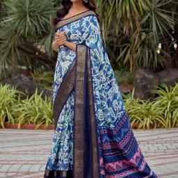 Satrani Blue Cotton Silk Printed Saree With Unstitched Blouse-image-93