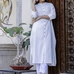 Pistaa Mandarin Collar Pure Cotton A-Line Kurta With Palazzos image 5