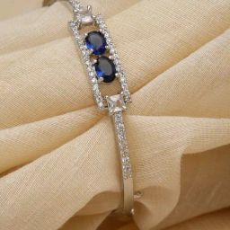 Zeneme Rhodium Plated Silver Blue American Diamond Kada Bracelet-picture-40