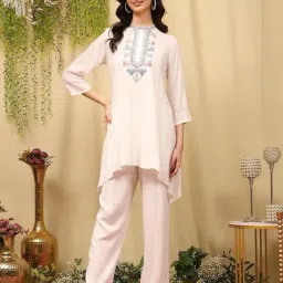 Nayam by Lakshita White Rayon/Viscose Embroidered Kurti Palazzos Set-image-20
