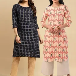 Rangita Navy & Peach Printed Straight Kurta - Pack OF 2-image-15