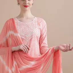 Jaipur Kurti Pink Leheriya Printed Thread Work Pure Cotton Kurta with Trouser & Dupatta image 4