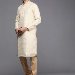 Manyavar Men Beige Ethnic Motifs Woven Design Kurta with Churidar image 5