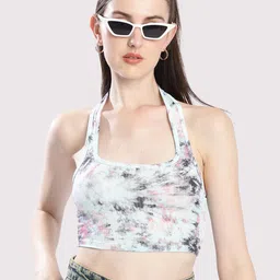 Bene Kleed Tie and Dye Print Halter Neck Crop Top image 5