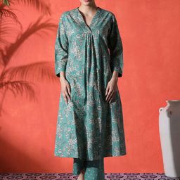 Sangria Women Floral Printed Pure Cotton A-Line Kurta & Trousers Sets-picture-18