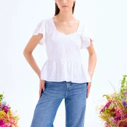Cover Story White Cotton Self Design Schiffli Peplum Top-image-9