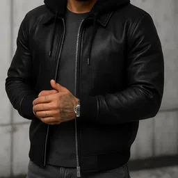 Blaq Ash Men Hooded Solid Leather Jacket image 3