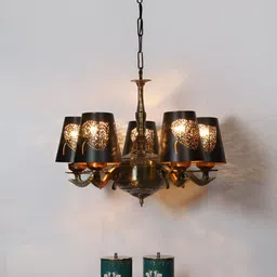 Devansh Black Textured Metal leaf Etched shade with Antique Golden Chandelier Ceiling Lamp image 2