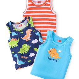 Babyhug 100% Cotton Knit Sleeveless Antibacterial Sandos with Striped & Dino Print Pack of 3 - Blue & Red-picture-47