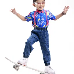 Ollington St. 100% Cotton Woven Half Sleeves Geometric Printed Party Shirt & Denim Joggers Set with Bow & Suspender - Blue & Red-image-17