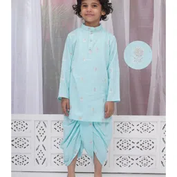 Little Bansi Cotton Full Sleeves Floral Embroidered Dhoti Kurta Set - Blue-picture-22