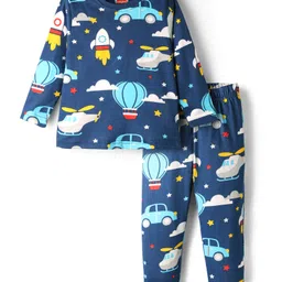 Babyhug Cotton Knit Full Sleeves Co-Ord Night Suit Set with Vehicle Print - Navy Blue-picture-24
