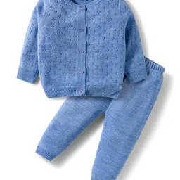 Babyhug Cotton Knit Full Sleeves Front Open Sweater Set - Blue-picture-20