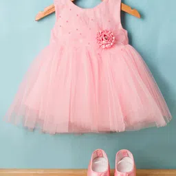 Bluebell Net Woven Sleeveless Frock & Booties With Floral Applique - Pink-picture-15