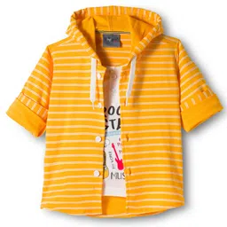 Dapper Dudes Full Sleeves Striped Hooded Shirt With Attached Tee - Gold-image-57