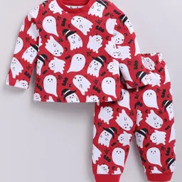 Snuggly MONKEY Cotton Jersey Knit Full Sleeves Poltergeist Printed Night Suit Sets - Dark Red-picture-24