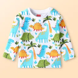 Babyhug Single Jersey Woven Dungaree with Full Sleeves Dino Printed T-Shirt - Navy Blue image 2