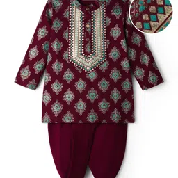 EARTHY TOUCH Single Jersey Knit Full Sleeves Kurta Dhoti Set with Motif Glitter Print - Maroon image 2