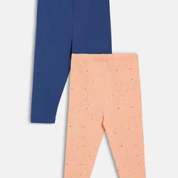 MINI KLUB Cotton Knit Pack Of 2 Solid & Polka Dots Printed Leggings - Pink & Blue image 3