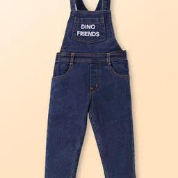 Babyhug Single Jersey Woven Dungaree with Full Sleeves Dino Printed T-Shirt - Navy Blue image 4