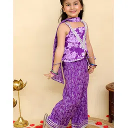 AJ Dezines Cotton Woven Sleeveless Floral Printed & Gota Lace Embellished Top Palazzo & Dupatta Set - Purple image 5
