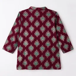 EARTHY TOUCH Single Jersey Knit Full Sleeves Kurta Dhoti Set with Motif Glitter Print - Maroon image 4