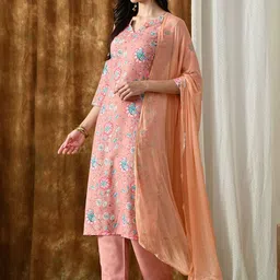 SZN Women Floral Printed Regular Kurta with Trousers & With Dupatta image 2