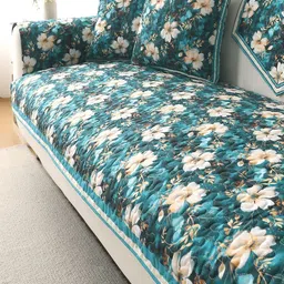 HOKIPO Pansies Teal & White Printed Velvet 1/2/3 Seater and L Shape Sofa Cover Mat-picture-34