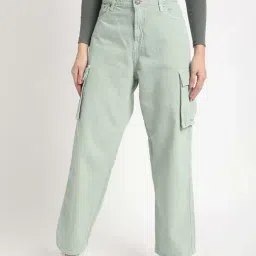 Bene Kleed Mint Green Cotton Relaxed Fit High Rise Cargo Jeans-picture-24