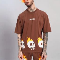 Griffel Brown Cotton Loose Fit Printed T-Shirt-picture-1
