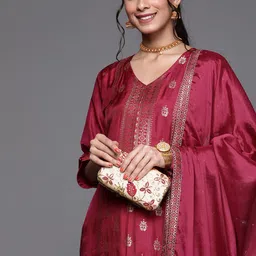 Libas Women Magenta Floral Woven Design Kurta  With Trousers & Dupatta-picture-20