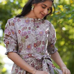 Janasya Floral Printed Pure Cotton A-Line Ethnic Dress image 5