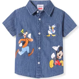 Babyhug Disney Half Sleeves Regular Collar Mid Wash Denim Shirt with Mickey Mouse Graphics - Blue-image-29