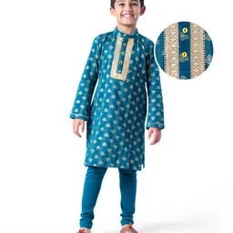 EARTHY TOUCH Single Jersey Knit Full Sleeves Embroidered & Foil Floral Printed Kurta Pyjama Set - Teal Blue-picture-10