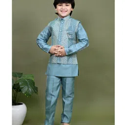BT DEZINES Cotton Silk Full Sleeves Solid Kurta Pyjama With Threadwork Embroidered Sequins Embellished Jacket Set - Teal Blue-picture-16