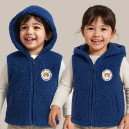 Babyhug Knit Sleeveless Hooded Winter Jacket with Fur Detailing & Kangaroo Pocket - Navy Blue-picture-17