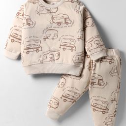 Zero Fleece Knit Full Sleeves Co-ords Winter Wear Sweatshirt & Lounge Pant Set with Vehicle Print - Beige-picture-30