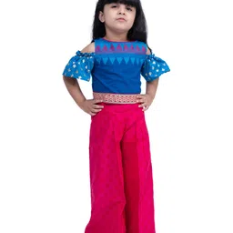 Twisha Cotton Woven Cold Shoulder Sleeves Floral Printed & Gota Lace Embellished Top & Palazzo Set - Blue & Pink-picture-20