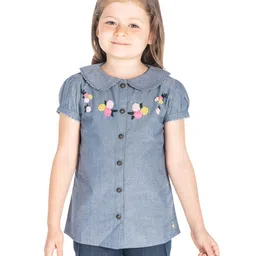 Cherry Crumble By Nitt Hyman Short Sleeves Flower Embroidery Top - Blue image 3