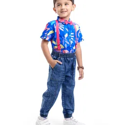 Ollington St. 100% Cotton Woven Half Sleeves Geometric Printed Party Shirt & Denim Joggers Set with Bow & Suspender - Blue & Red image 2