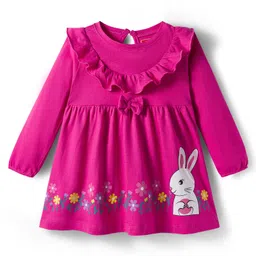 Babyhug Cotton Woven Full Sleeves Frock & Legging With Animal Print & Frill Detailing - Dark Pink & Pink image 2