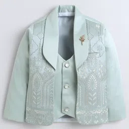 Fourfolds Woven Full Sleeves Leaf Motifs Embroidered 3 Piece Party Suit Set With Bow - Mint Green image 3