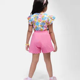 Babyhug Disney Single Jersey Knit Half Sleeves Top & Shorts Set with Floral & Winnie The Pooh Print - Multicolour image 3