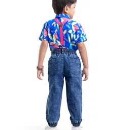 Ollington St. 100% Cotton Woven Half Sleeves Geometric Printed Party Shirt & Denim Joggers Set with Bow & Suspender - Blue & Red image 3