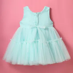 Babyhug Woven Sleeveless Shimmer Mesh Dress with Bow Applique & Designer Yoke - Aqua Blue image 3