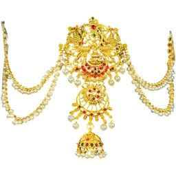 VAGHBHATT Women Pearls And Kemp Stones Studded Temple Head Jewellery With Side Chain-picture-37