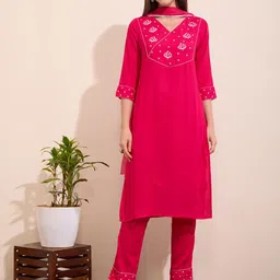 FASHOR Floral Embroidered V-Neck Sequinned Straight Kurta With Trousers & Dupatta-picture-31